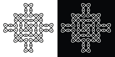 Indian Traditional and Cultural Rangoli or kolam design concept of curved lines and dots isolated on black and white background