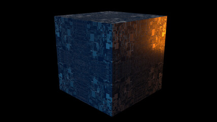 3d abstract cube with extruded microcircuit. Studio light blue and warm spectrum.