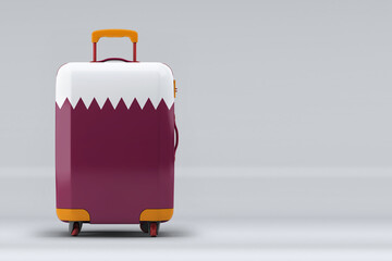 Qatar national flag on a stylish suitcases on color background. Space for text. International travel and tourism concept. 3D rendering.