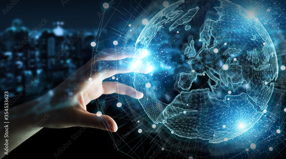 Poster businessman hand using europe map globe network hologram 3d rendering