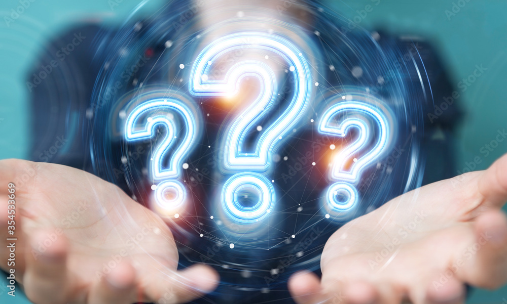 Leinwandbilder woman using digital question marks holographic interface 3d rendering