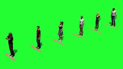 Fototapeta na wymiar keep distance - people wait in a row with distance by a mark - isolated on green screen - 3D illustration