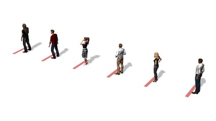 Fototapeta na wymiar keep distance - people wait in a row with distance by a mark - isolated on white background - 3D illustration