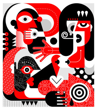 Red, black and white colors modern art portrait of a woman with bare breasts who shocking others, vector illustration.