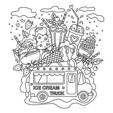 Outlined vector Doodle anti-stress coloring book page ice cream truck. For adults and children. Objects are isolated.