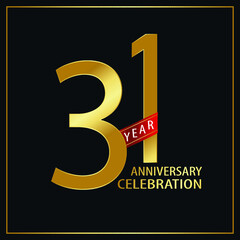 31 year minimalist logo years, jubilee, greeting card. Red and Gold Ribbons for Birthday invitation. Sign Ribbon Gold space vector illustration on black background - Vector