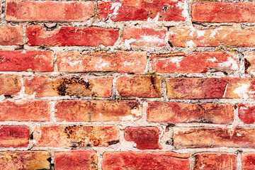 Weathered texture of stained old orange and white brick wall background
