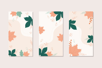 Cards set with autumn leaves.Autumn backgrounds set in pastel color.