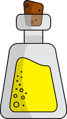Vector illustration of a bottle with a yellow liquid and a cork, a single element on a white background. Concept of medicine, laboratory, chemistry, magic, analysis collection.