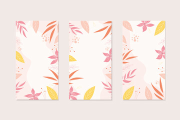 Fototapeta na wymiar Vector botanical card templates in modern style with copy space for text. Flayer design with leaves and flovers. Botanical social media templates.