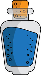 Vector illustration of a bottle with a blue liquid and a cork, a single element on a white background. Concept of medicine, laboratory, chemistry, magic, analysis collection.
