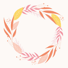 Fototapeta na wymiar Modern botanical wreath design in pink colors. Floral frame template for invitation and weadding cards.