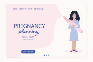 Happy waman hold in hand positive pregnancy test. Pregnancy planning concept.