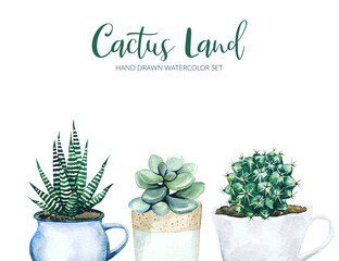 Potted cactus plants, hand drawn watercolor illustration