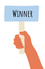 placard in hand. Cartoon vector illustration of Winner banner in human hand on white background. Test question. Choice hesitate, dispute, opposition, choice, dilemma, opponent view. 