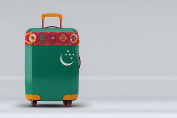 Turkmenistan national flag on a stylish suitcases on color background. Space for text. International travel and tourism concept. 3D rendering.