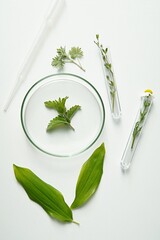 Natural herbal medicine, cosmetic products research, bio science, organic skin care, laboratory glassware with plants.