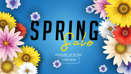 Hello Spring Special Offers up to 50% with a blue background decorated with many flowers
