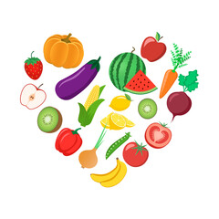 Heart shaped vegetables and fruits. Vector illustration