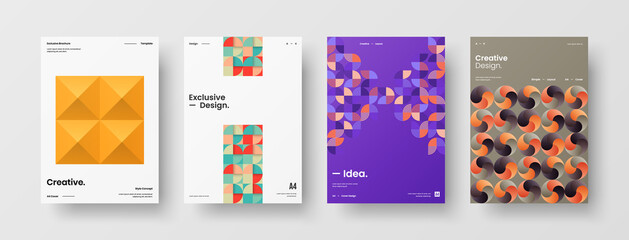 Naklejka premium Company identity brochure template collection. Business presentation vector A4 vertical orientation front page mock up set. Corporate report cover abstract geometric illustration design layout bundle.