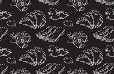Vector seamless pattern. Manty, meat dumpling, pelmeni, jiaozi, pancake, crepe, pyanse or pigodi, khinkali, ravioli, Pierogi or varenyky. Vintage hand drawn style.