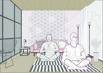 meditation of man and woman in the interior of the room on the rug in front of the window