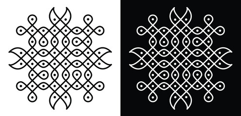 Indian Traditional and Cultural Rangoli or kolam design concept of curved lines and dots isolated on black and white background