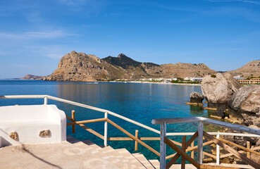 Naklejka premium Beautiful Kolymbia bay in sunny summer day. Rhodes island, Greece