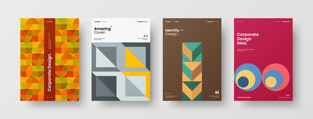 Fototapeta premium Company identity brochure template collection. Business presentation vector A4 vertical orientation front page mock up set. Corporate report cover abstract geometric illustration design layout bundle.