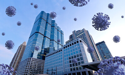 COVID-19, Coronavirus falling from blue sky on Skyscraper, building, business tower at City center under infect, Medical, pandemic concept. Corona virus, COVID 19 fly in downtown and Destroy business