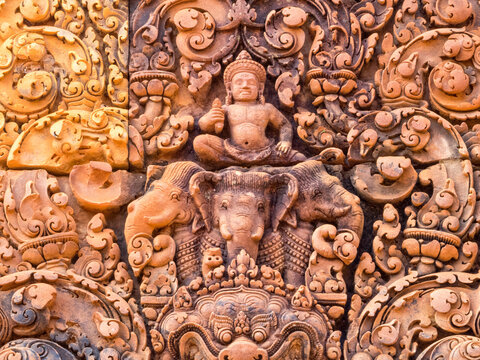 Warrior god Intra on his three-headed elephant - Banteay Srei, Cambodia