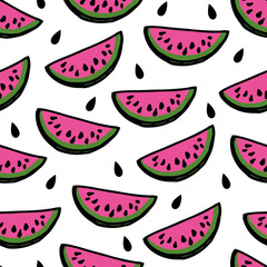 Seamless pattern with watermelon. Summer background. Hand drawn vector illustration. Trendt texture for print, packaging, wallpaper, textile.
