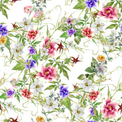 Watercolor painting of leaf and flowers, seamless pattern on white background