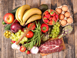 selection of health food- fruit, vegetable, dairy product and protein