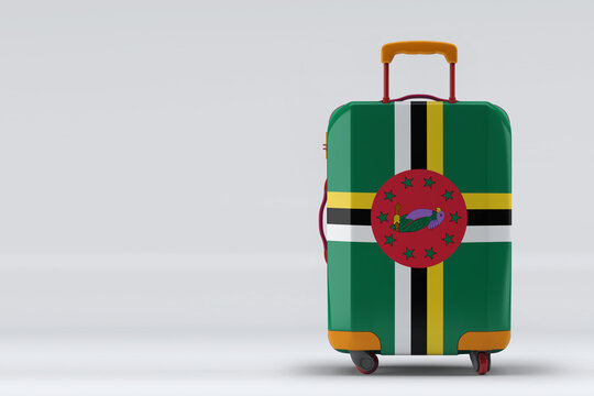 Dominica flag on a stylish suitcases back view on color background. Space for text. International travel and tourism concept. 3D rendering.