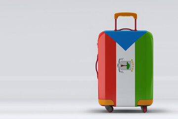 Equatorial Guinea flag on a stylish suitcases back view on color background. Space for text. International travel and tourism concept. 3D rendering.