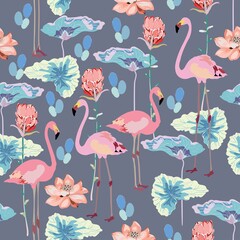 Pink flamingos surrounded by lotus flowers and protea on a light gray, cream background. Seamless vector floral pattern with tropical motif. Square repeating design for fabric and wallpaper