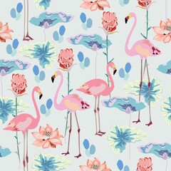 Pink flamingos surrounded by lotus flowers and protea on a light gray, cream background. Seamless vector floral pattern with tropical motif. Square repeating design for fabric and wallpaper