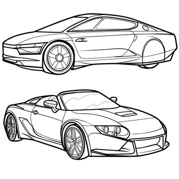 set of sports car sketches, coloring book, isolated object on white background, vector illustration,