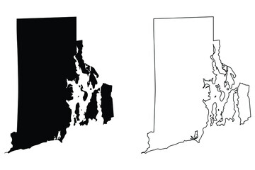 Rhode Island RI state Maps. Black silhouette and outline isolated on a white background. EPS Vector