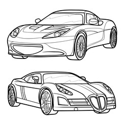 Obraz na płótnie Canvas set of sports car sketches, coloring book, isolated object on white background, vector illustration,