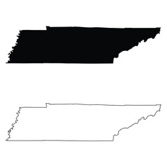 Tennessee TN state Map USA. Black silhouette and outline isolated maps on a white background. EPS Vector - obrazy, fototapety, plakaty