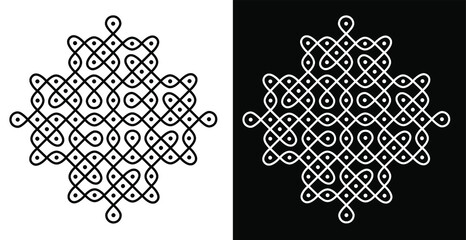 Indian Traditional and Cultural Rangoli or kolam design concept of curved lines and dots isolated on black and white background