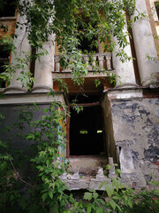 abandoned hospital building, with overgrown trees, an abandoned place populated by vandals