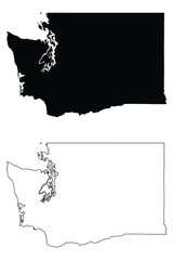 Washington WA state Map USA. Black silhouette and outline isolated maps on a white background. EPS Vector