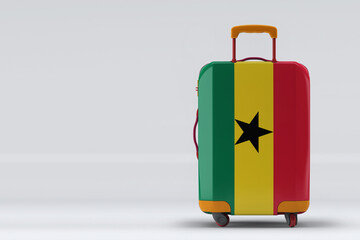 Ghana flag on a stylish suitcases back view on color background. Space for text. International travel and tourism concept. 3D rendering.
