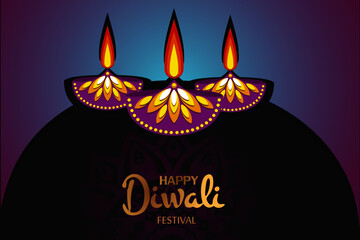 Happy Diwali greeting card purple and black color concept with colorful lamp. India festival of lights holiday invitations template, banner, card, postcard. Vector illustration.