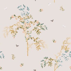 Elegant golden garden trees in leaves, flowers and butterflies on a light beige, cream background. Seamless floral vector pattern. Square repeating design for fabric and wallpaper.