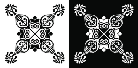 Beautiful vintage alpona design with flowers and spirals isolated on black and white background 