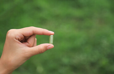 hand hold capsule from organic herb in nature for healthy eating 